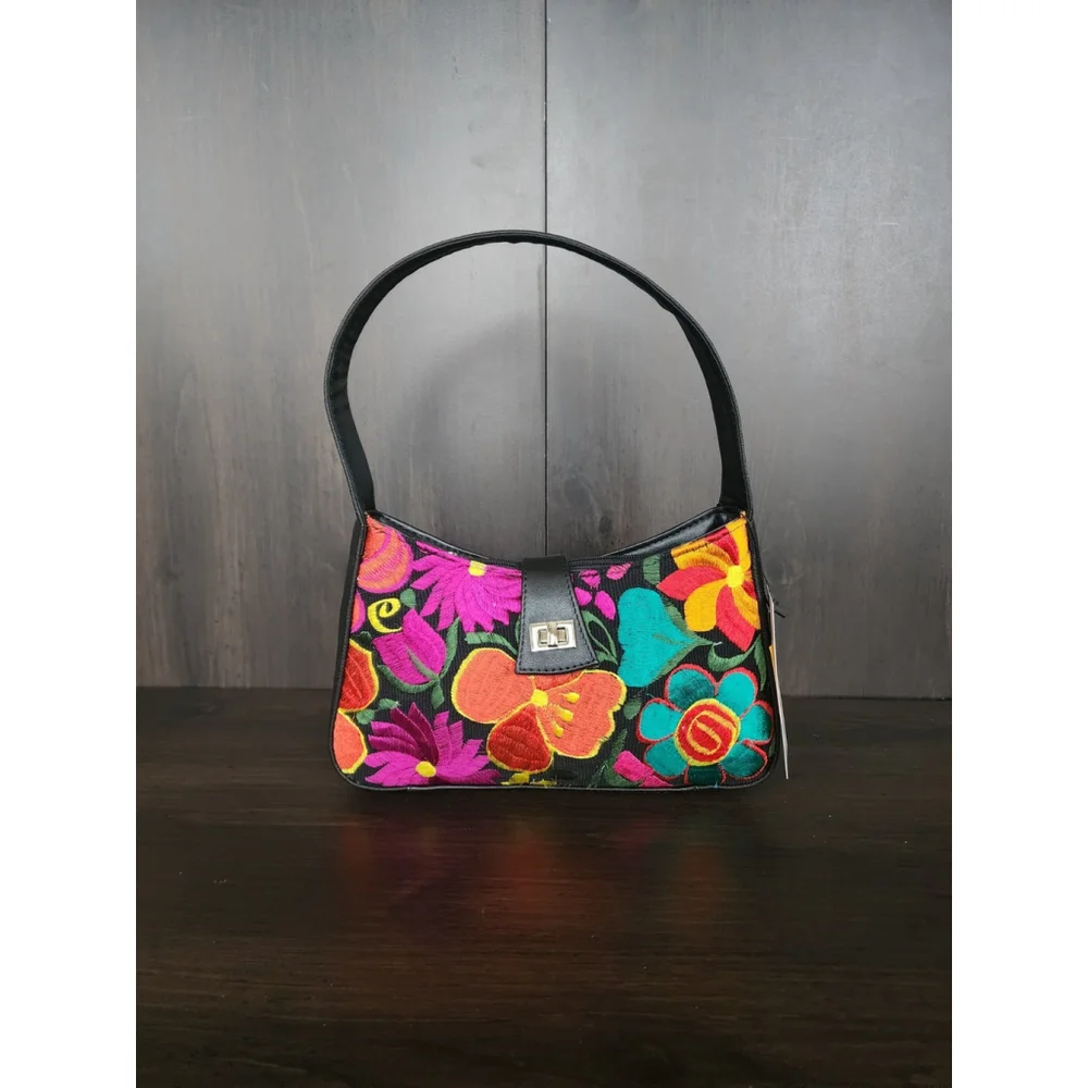 Floral Embroided Embossed Tooled Artisan LEATHER Handbag Bag Purse - Black
